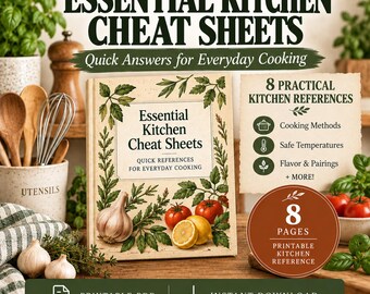 Pode incluir: Um livro intitulado Essential Kitchen Cheat Sheets com uma capa creme apresentando ilustrações de alho, tomates e limões. O texto inclui Quick Answers for Everyday Cooking e 8 Practical Kitchen References. É um arquivo PDF imprimível.