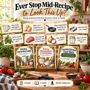 Pode incluir: Um conjunto de tr&ecirc;s guias de refer&ecirc;ncia de cozinha intitulados Kitchen Conversion Guide, Baking Measurements & Conversions e Essential Kitchen Cheat Sheets. Os guias apresentam ilustra&ccedil;&otilde;es de ferramentas de medi&ccedil;&atilde;o, ingredientes e texto.