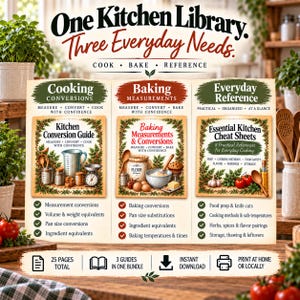 Pode incluir: Um pacote digital intitulado One Kitchen Library: Three Everyday Needs, incluindo tr&ecirc;s guias: Cooking Conversions, Baking Measurements e Everyday Reference. Cada guia apresenta utens&iacute;lios de cozinha, ingredientes e listas de verifica&ccedil;&atilde;o ilustrados.