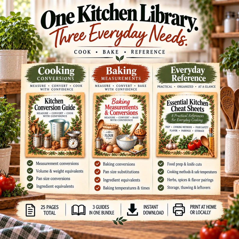 Pode incluir: Um pacote digital intitulado One Kitchen Library: Three Everyday Needs, incluindo tr&ecirc;s guias: Cooking Conversions, Baking Measurements e Everyday Reference. Cada guia apresenta utens&iacute;lios de cozinha, ingredientes e listas de verifica&ccedil;&atilde;o ilustrados.