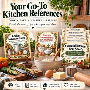 Pode incluir: Um conjunto de cart&otilde;es de refer&ecirc;ncia de cozinha com os t&iacute;tulos Kitchen Conversion Guide, Baking Measurements & Conversions e Essential Kitchen Cheat Sheets. Os cart&otilde;es exibem ilustra&ccedil;&otilde;es de utens&iacute;lios, ingredientes e texto.