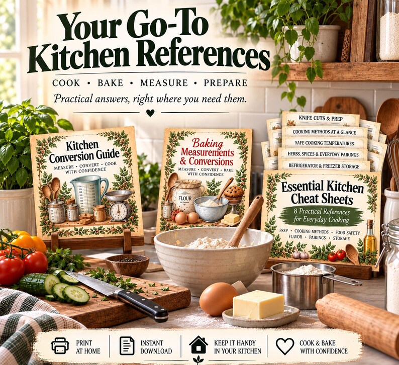 Pode incluir: Um conjunto de cart&otilde;es de refer&ecirc;ncia de cozinha com os t&iacute;tulos Kitchen Conversion Guide, Baking Measurements & Conversions e Essential Kitchen Cheat Sheets. Os cart&otilde;es exibem ilustra&ccedil;&otilde;es de utens&iacute;lios, ingredientes e texto.