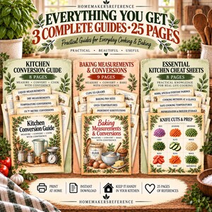 Pode incluir: Um conjunto de tr&ecirc;s guias de cozinha impressos intitulados Kitchen Conversion Guide, Baking Measurements & Conversions e Essential Kitchen Cheat Sheets. A cole&ccedil;&atilde;o inclui 25 p&aacute;ginas no total, com ilustra&ccedil;&otilde;es de utens&iacute;lios, ingredientes e cortes de faca, acompanhadas de textos sobre medidas, temperaturas e prepara&ccedil;&atilde;o.