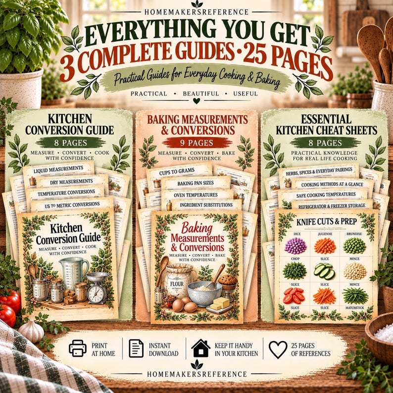 Pode incluir: Um conjunto de tr&ecirc;s guias de cozinha impressos intitulados Kitchen Conversion Guide, Baking Measurements & Conversions e Essential Kitchen Cheat Sheets. A cole&ccedil;&atilde;o inclui 25 p&aacute;ginas no total, com ilustra&ccedil;&otilde;es de utens&iacute;lios, ingredientes e cortes de faca, acompanhadas de textos sobre medidas, temperaturas e prepara&ccedil;&atilde;o.