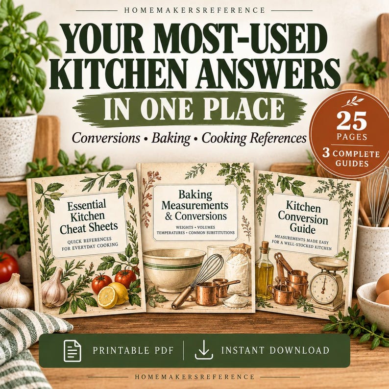 Pode incluir: Tr&ecirc;s guias de refer&ecirc;ncia de cozinha intitulados Essential Kitchen Cheat Sheets, Baking Measurements & Conversions e Kitchen Conversion Guide. As capas apresentam ilustra&ccedil;&otilde;es bot&acirc;nicas, utens&iacute;lios e ingredientes num PDF imprim&iacute;vel de 25 p&aacute;ginas.