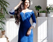 Knitted blue dress quot Sailor quot marine style with handmade lace, made in the fillet technique