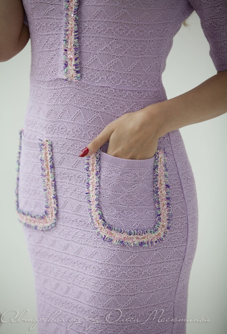 Textured knit lilac dress Isadora with a combination of braid creates an elegant business image Midi dress