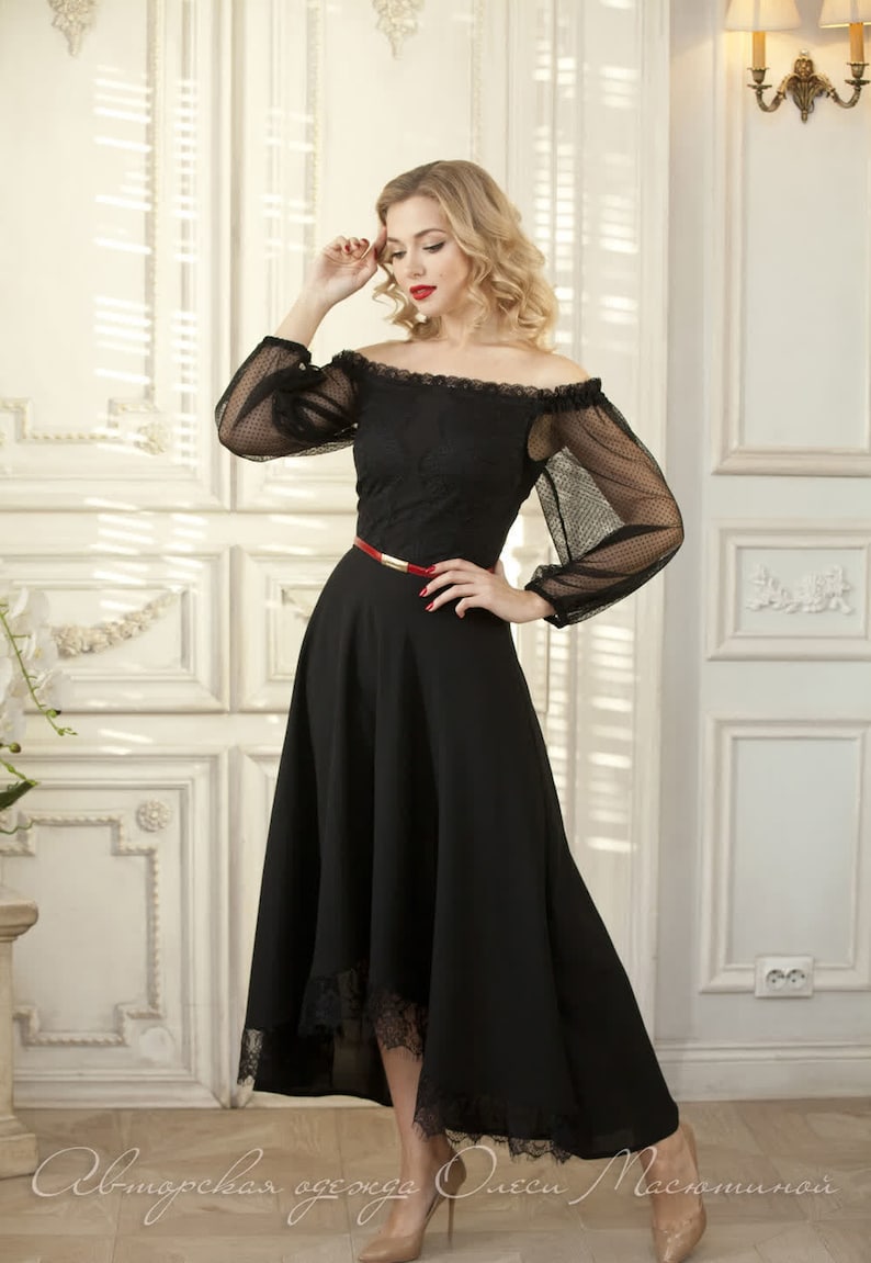 decorated with delicate French lace with cilia elegant evening black dress asymmetrical hem length a-line dress Open shoulders dress