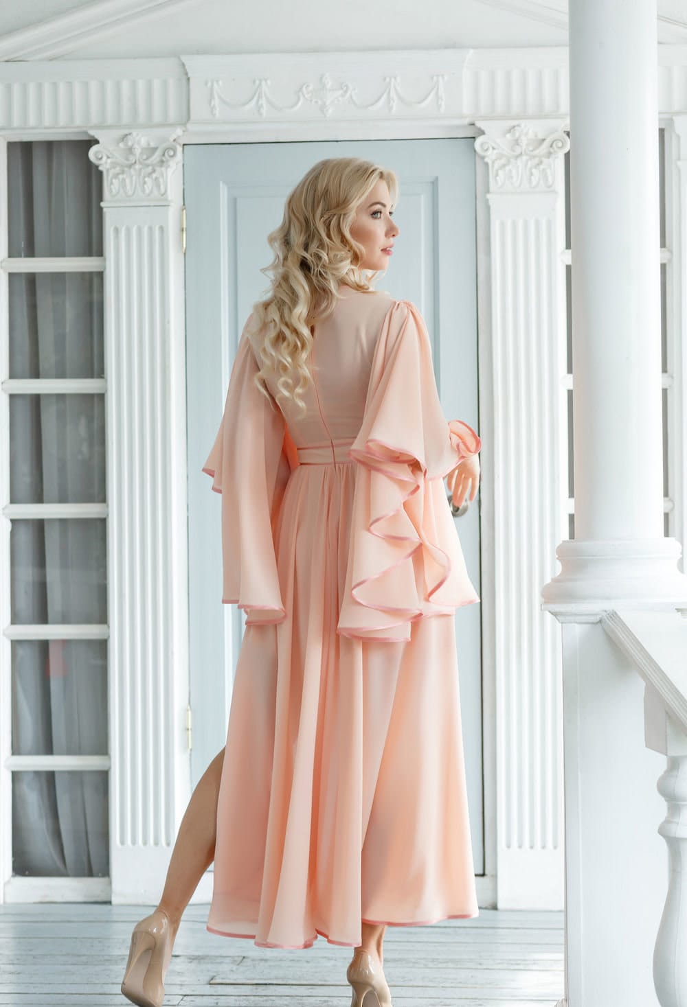 peach long gown for wedding