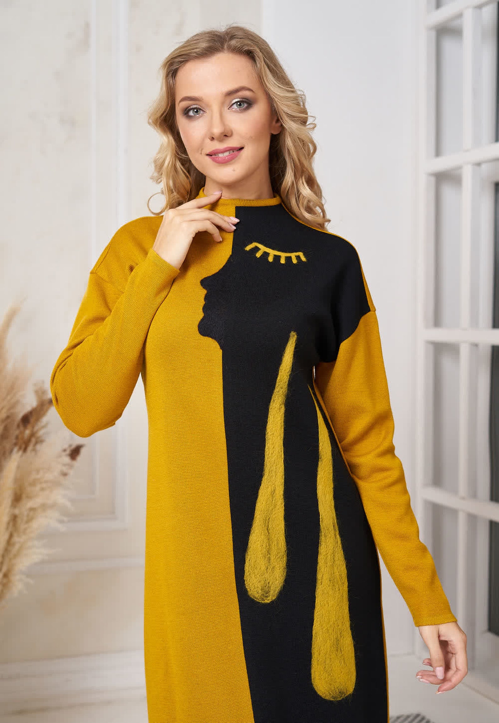 Abstract pattern dress free style yellow and black dress with Etsy