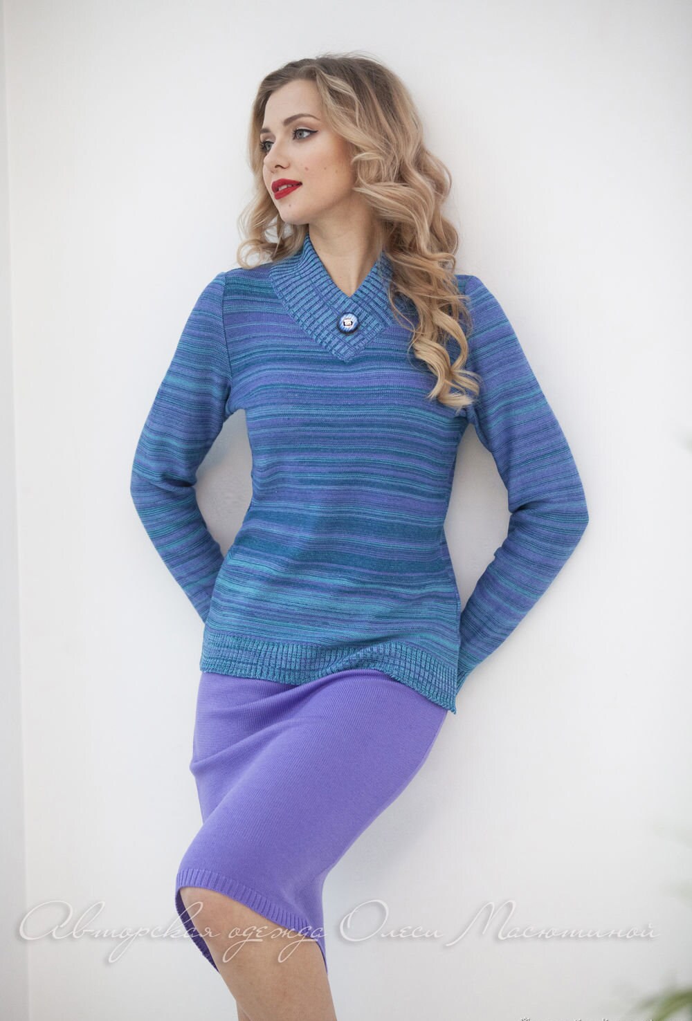 Charming blue suit knitted skirt set suit for women Etsy