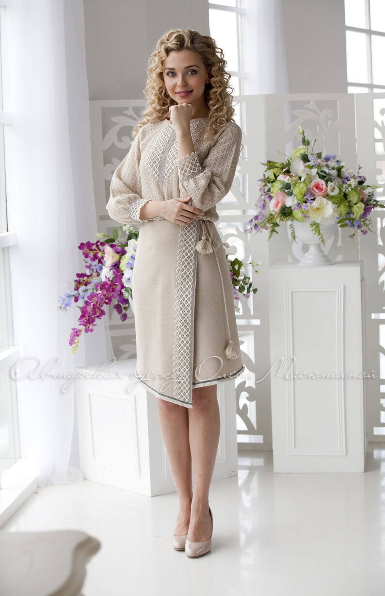 Chic two-piece beige suit Malushka in the Slavic and Russian style with linen lace!