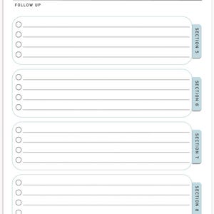 Pode incluir: Um modelo de notas de reunião em branco com seções para o tópico da reunião, acompanhamento e quatro seções com caixas de seleção e linhas para anotações. As seções são rotuladas como "Seção 5", "Seção 6", "Seção 7" e "Seção 8".