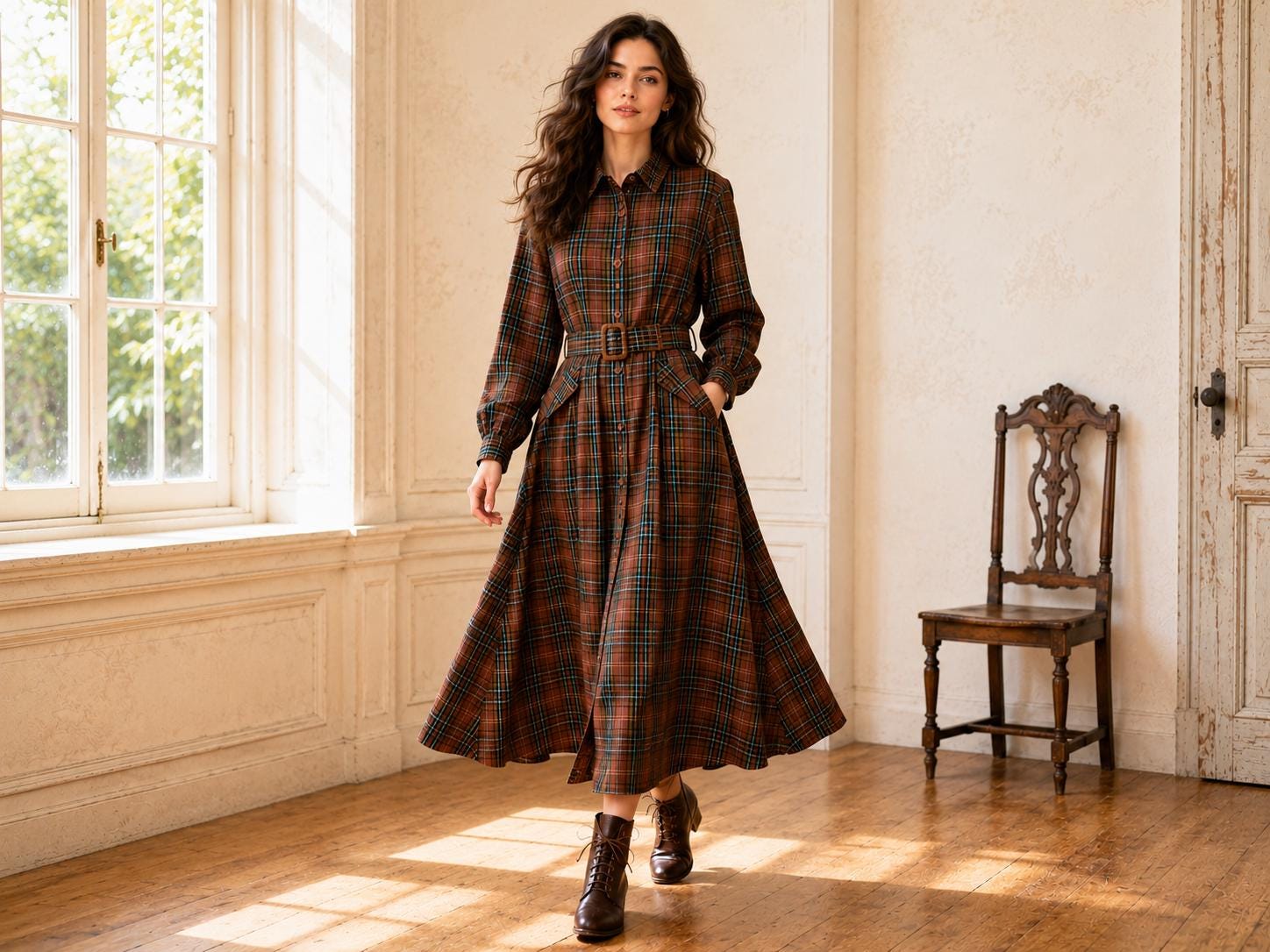 plaid collar dress flare hemline brown Midi Mango