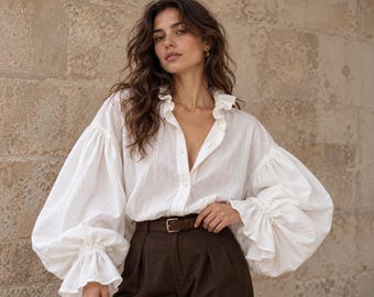 Oversized white women's poet blouse with  bishop sleeves and ruffle collar