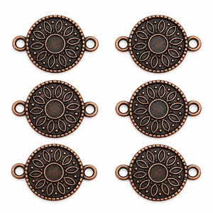 Antieke koperen ronde zonnebloem bedeltjes verbindingsstukken, 6 stuks, 2 lussen, 23 x 16 mm, benodigdheden voor het maken van bloemen sieraden