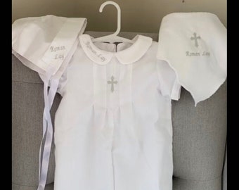 White christening romper and bib with silver grey cross and name on collar and bib with hat