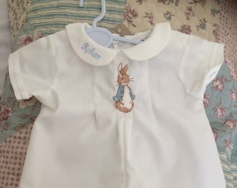 PETER RABBIT CHRISTENING baby boys romper suit in English Royal style with monogram