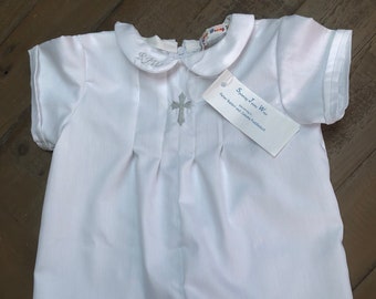 Combi-short de baptême BÉBÉ garçon avec croix en argent et monogramme/prénom - personnalisé - court ou long