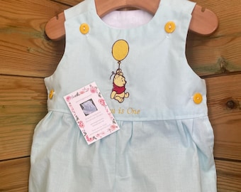 WINNIE THE POOH Duck Egg Blue Button Romper Personalised First