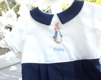 Baby Christening suit Peter Rabbit - navy and white - personalised