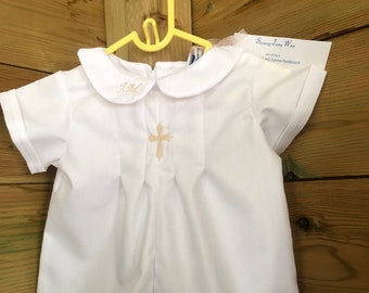 BABY boys Christening romper with gold cross and monogramme/name - personalised - short or long length