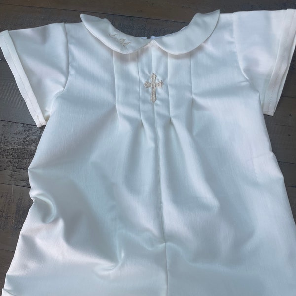 BABY boys Christening romper IN IVORY with gold cross and monogramme/name - personalised - short or long length