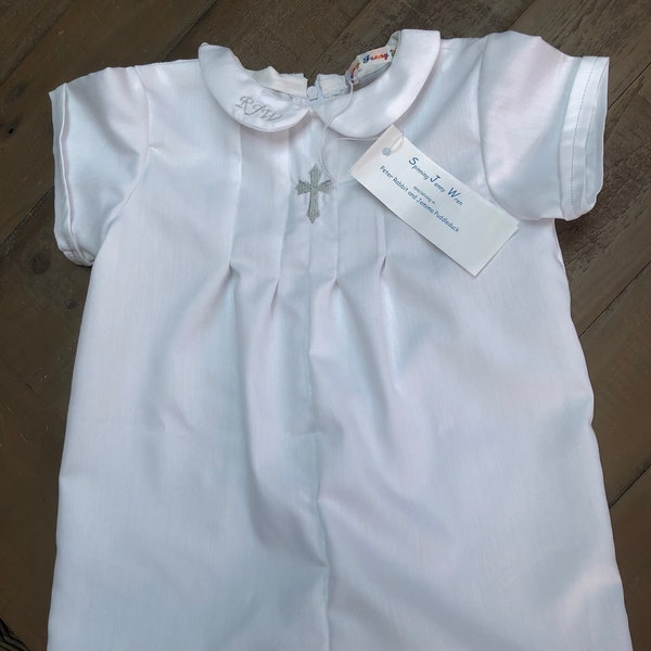 BABY boys Christening romper with silver cross and monogramme/name - personalised - short or long length