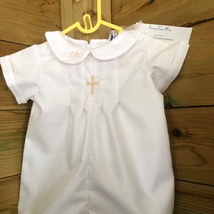 BABY boys Christening romper with gold cross and monogramme/name - personalised - short or long length