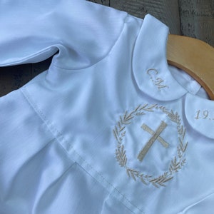 Extra special BABY BOYS Christening Baptism romper in white with cross personalised