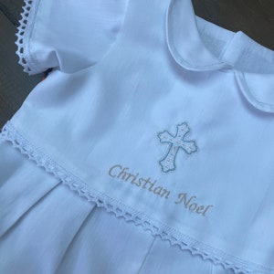 INTRODUCTORY OFFER baby boys baptism romper suit with filigree cross and filigree lace trim - personalised. Long or short style available.