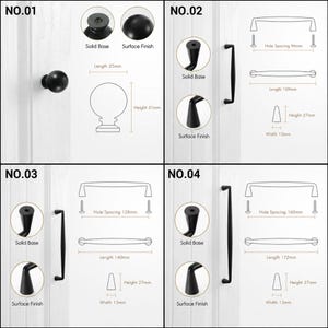 May include: Four black cabinet hardware options labeled NO.01 through NO.04. NO.01 is a round knob with a 25mm length and 31mm height. NO.02, NO.03, and NO.04 are bar pulls with varying hole spacings of 96mm, 128mm, and 160mm respectively.