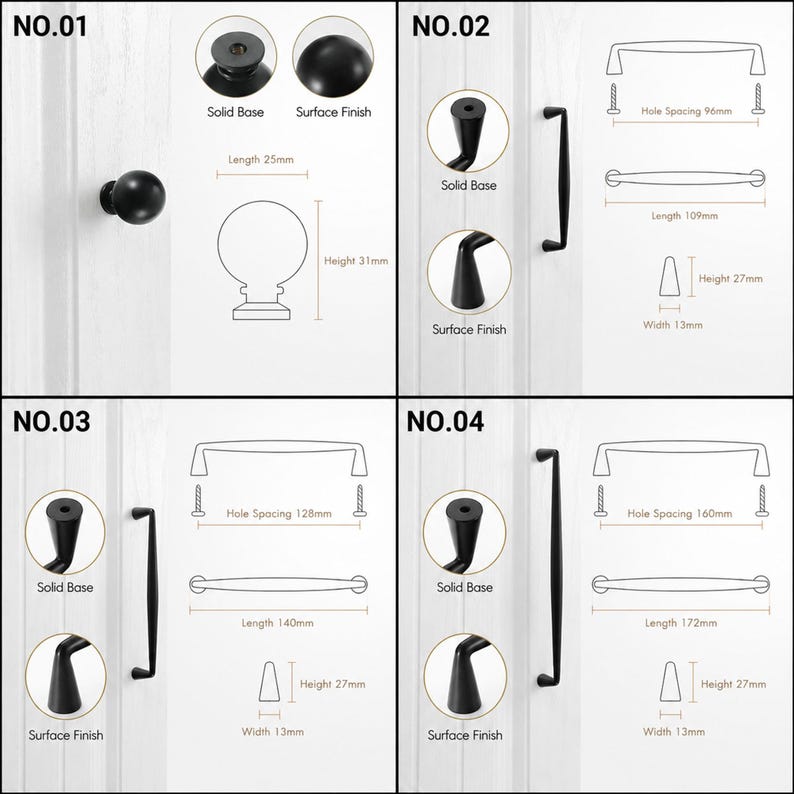 May include: Four black cabinet hardware options labeled NO.01 through NO.04. NO.01 is a round knob with a 25mm length and 31mm height. NO.02, NO.03, and NO.04 are bar pulls with varying hole spacings of 96mm, 128mm, and 160mm respectively.