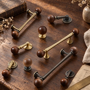 Walnut Wood Cabinet Handles, Vintage Brass Drawer Pulls, Mid Century Furniture Hardware