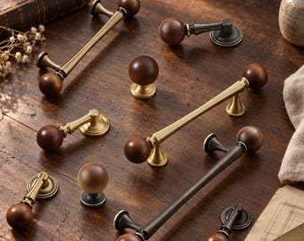 Walnut Wood Cabinet Handles, Vintage Brass Drawer Pulls, Mid Century Furniture Hardware