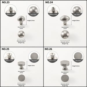 Op de afbeelding: Vier zilverkleurige metalen kastknoppen gelabeld NO.23 tot en met NO.26. Elke knop toont een zij-, onder- en bovenaanzicht met gedrukte afmetingen. NO.23 is 27mm hoog, NO.24 is 29mm, NO.25 is 23mm en NO.26 is 25mm hoog met geribbelde zijkanten.