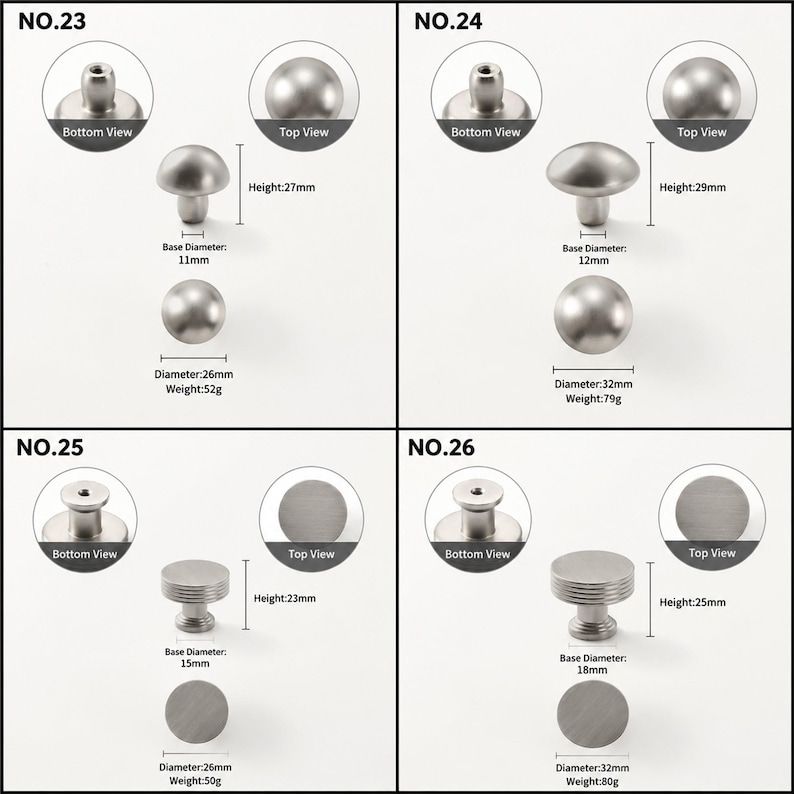 Op de afbeelding: Vier zilverkleurige metalen kastknoppen gelabeld NO.23 tot en met NO.26. Elke knop toont een zij-, onder- en bovenaanzicht met gedrukte afmetingen. NO.23 is 27mm hoog, NO.24 is 29mm, NO.25 is 23mm en NO.26 is 25mm hoog met geribbelde zijkanten.