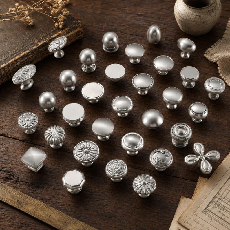 Op de afbeelding: Een verzameling van diverse zilverkleurige metalen kastknoppen in uiteenlopende vormen en texturen, waaronder gladde bollen, platte schijven en sierlijke bloemmotieven, gerangschikt op een donkerhouten oppervlak met een zichtbare houten liniaal.