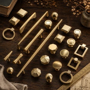 35 stijlen massief messing kastgrepen, Scandinavisch modern beslag (goudkleurige afwerking)