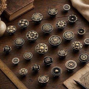 Puede incluir: Una colección de pomos redondos para armarios de metal en tono latón antiguo con varios patrones en relieve de flores, formas geométricas y círculos concéntricos. Los pomos están dispuestos sobre una superficie de madera junto a una regla.