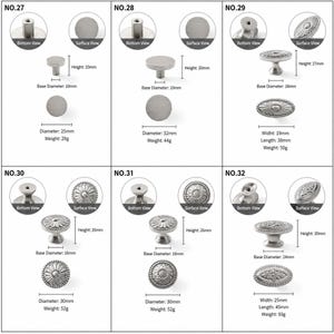 Op de afbeelding: Een collectie van zes zilverkleurige metalen kastknoppen, gelabeld van NO.27 tot en met NO.32. Elk item toont onder-, oppervlakte- en zijaanzichten met specifieke afmetingen in millimeters en gewicht in gram, met diverse ronde en ovale ontwerpen.