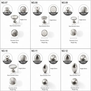 Op de afbeelding: Een collectie van zes zilverkleurige metalen kastknoppen, gelabeld van NO.07 tot NO.12. Elk item toont bovenaanzichten, onderaanzichten en zijaanzichten met specifieke metrische maten voor hoogte, basisdiameter, totale diameter en gewicht in gram.