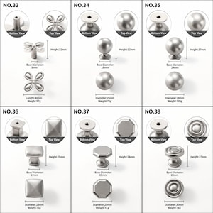 Op de afbeelding: Een collectie van zes zilverkleurige metalen kastknoppen genummerd van NO.33 tot NO.38, met diverse vormen zoals bloemvormig, bolvormig, vierkant, achthoekig en rond, elk voorzien van specifieke metrische afmetingen en gewichten.