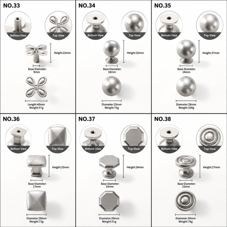 Op de afbeelding: Een collectie van zes zilverkleurige metalen kastknoppen genummerd van NO.33 tot NO.38, met diverse vormen zoals bloemvormig, bolvormig, vierkant, achthoekig en rond, elk voorzien van specifieke metrische afmetingen en gewichten.