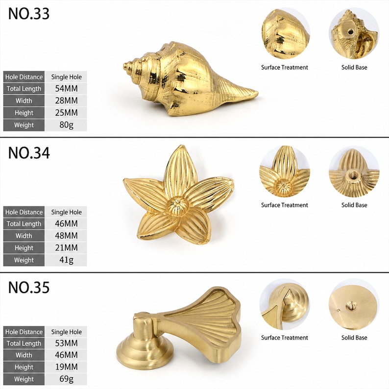 Pode incluir: Tr&ecirc;s puxadores de metal dourado para arm&aacute;rios rotulados como NO.33, NO.34 e NO.35. O NO.33 tem formato de concha, o NO.34 &eacute; uma flor de cinco p&eacute;talas e o NO.35 &eacute; um puxador em leque. Cada um inclui especifica&ccedil;&otilde;es t&eacute;cnicas de dimens&otilde;es e peso.