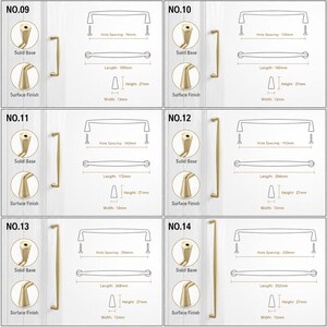 May include: A collection of six gold-toned metal cabinet pulls labeled NO.09 through NO.14. Each entry displays the handle, a solid base detail, surface finish, and technical line drawings with measurements for hole spacing, length, height, and width.