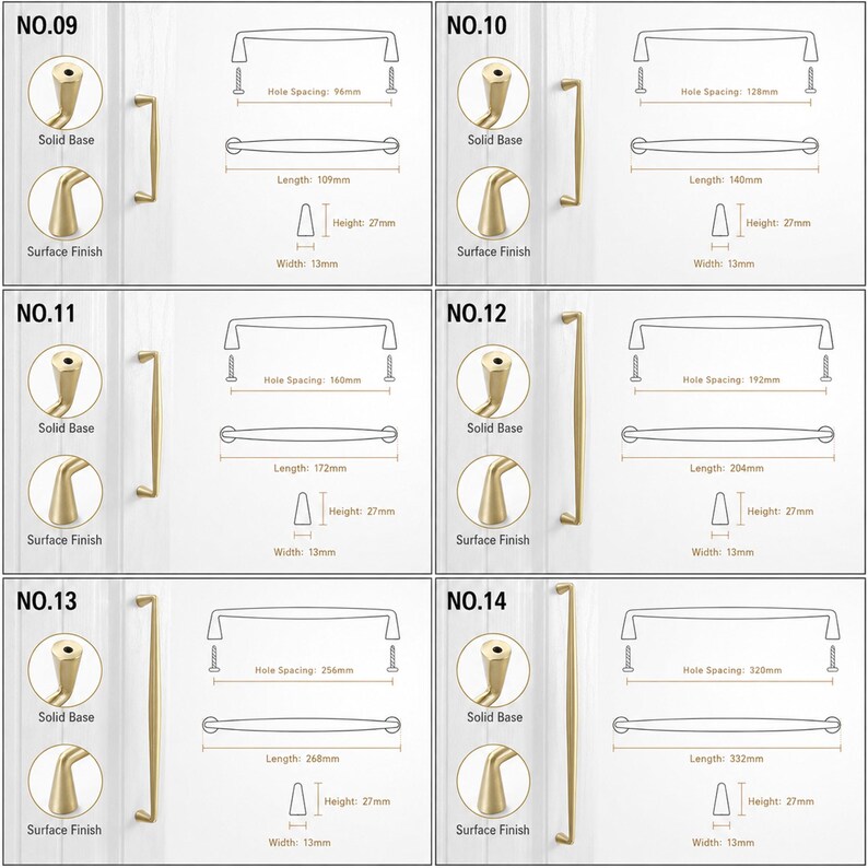 May include: A collection of six gold-toned metal cabinet pulls labeled NO.09 through NO.14. Each entry displays the handle, a solid base detail, surface finish, and technical line drawings with measurements for hole spacing, length, height, and width.