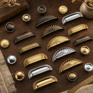 Solid Brass Shell Cabinet Pulls, Vintage Nordic Drawer Handles, Cup Knobs