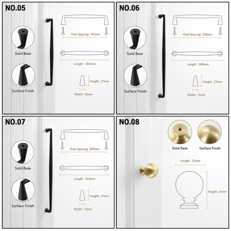 May include: A collection of cabinet hardware featuring three black elongated bar pulls and one gold spherical knob. Technical diagrams display dimensions including hole spacing of 192mm, 256mm, and 320mm for bars, and a 25mm length for the gold knob.