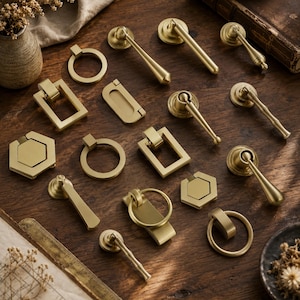 15 verschiedene Ringgriffe aus massivem Messing, goldene Tropfengriffe, Möbelbeschläge im chinesischen Stil